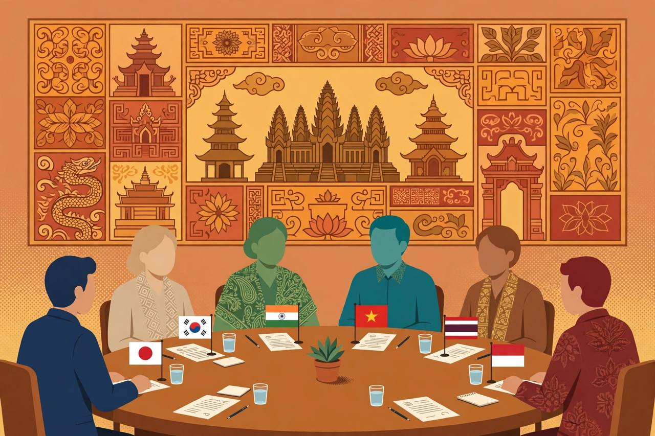 Editorial illustration of delegates from several Asian countries around a conference table with heritage motifs behind them
