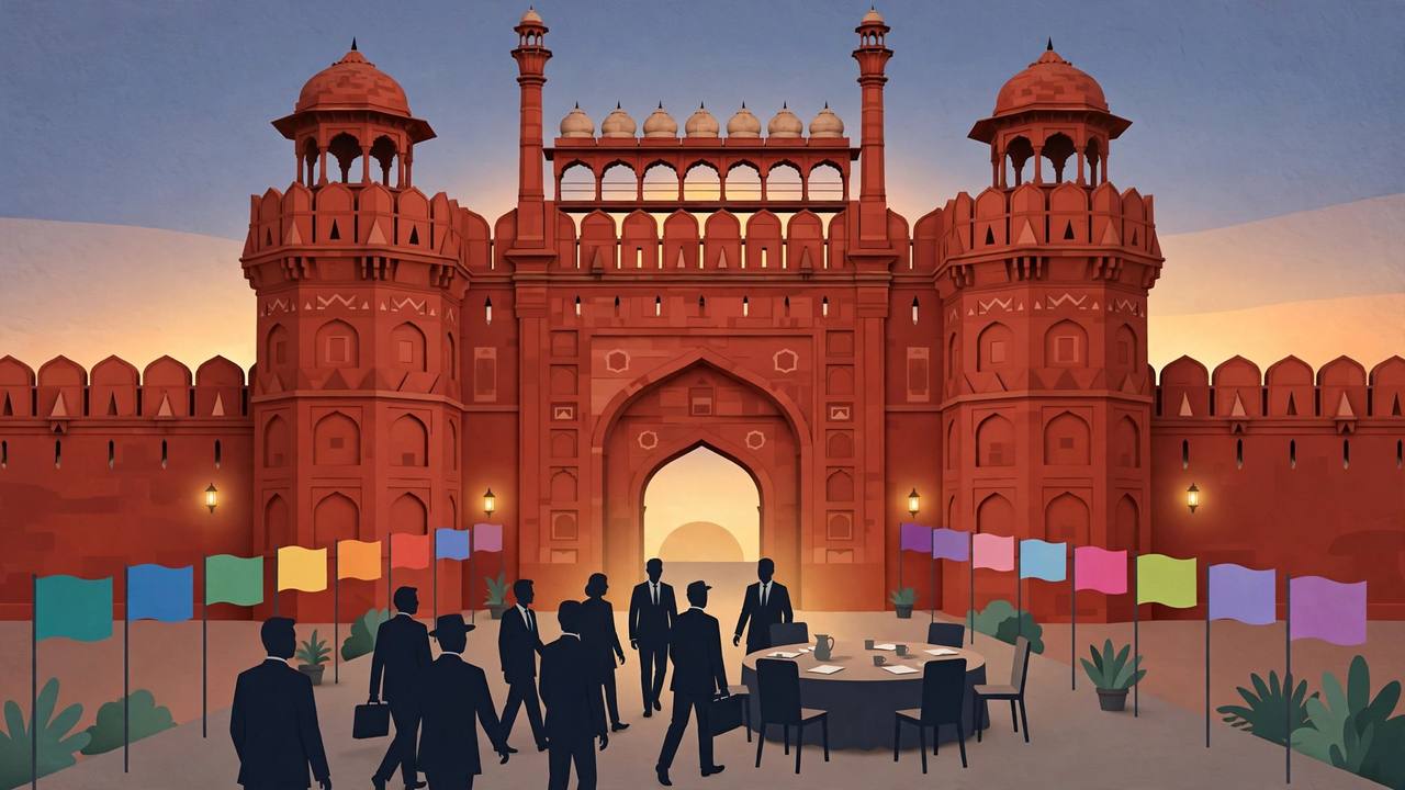 Editorial illustration of generic delegates walking toward a roundtable in front of a red sandstone fort gate in Delhi, with many colourful flags