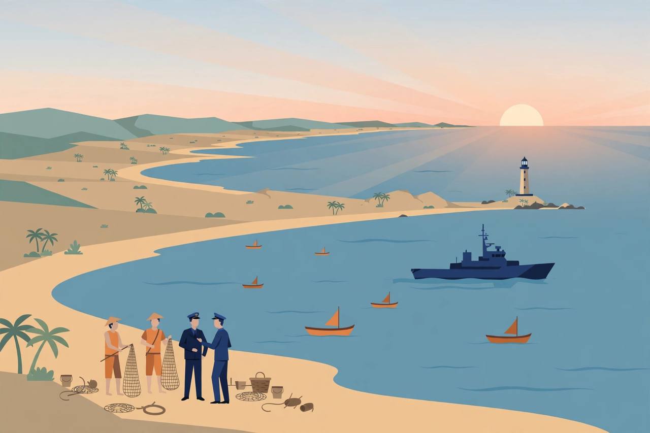 Editorial illustration of a long coastline at dawn with a navy patrol ship offshore, a lighthouse, fishing boats and fishermen talking with naval officers on the beach