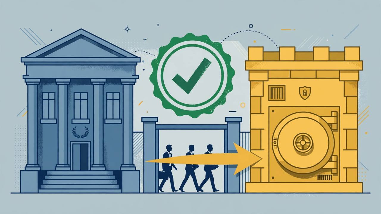Editorial illustration of a stock exchange building and depository vault with a fast-track approval gate, generic figures