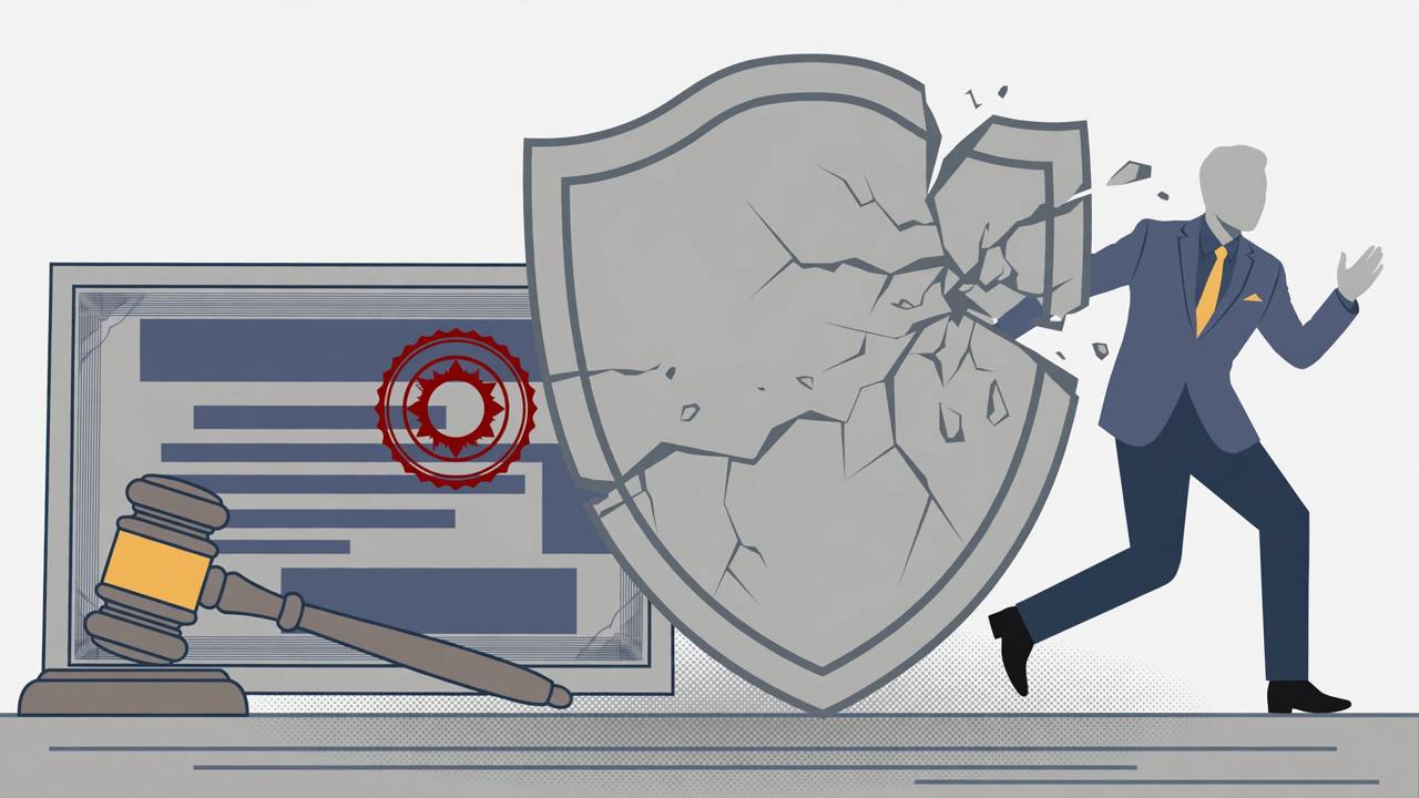 Editorial illustration of a cracking shield-shaped guarantee beside a sealed bond document and a judge's gavel, with a generic faceless banker figure stepping back