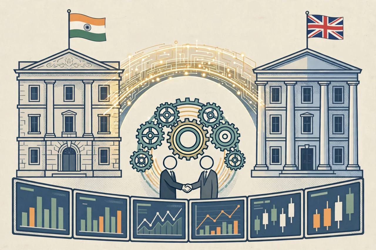 Editorial illustration of two regulator buildings flying Indian and British flags linked by a glowing bridge over stock market screens and clearing gears with a handshake