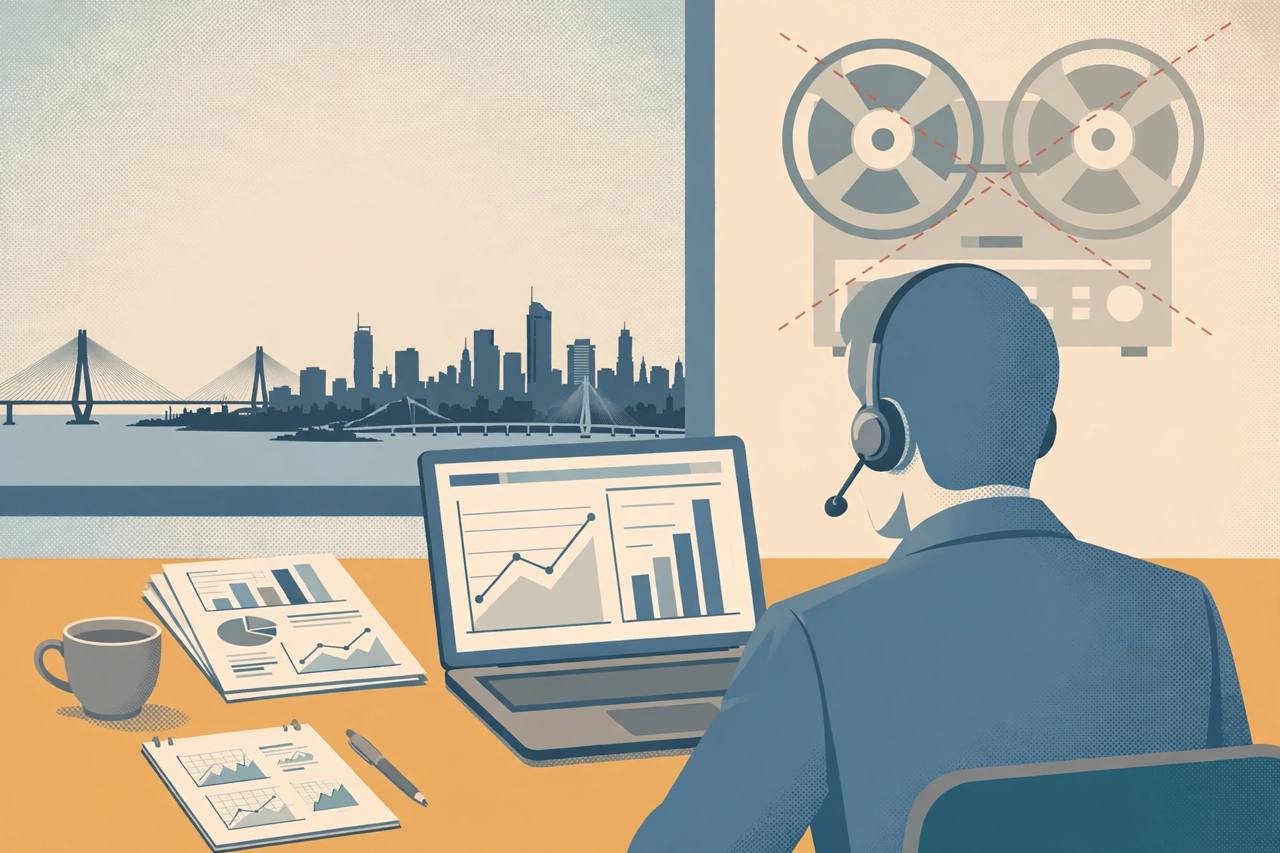 Editorial illustration of a generic research analyst on a headset phone at a desk with market charts, tape recorder crossed out, flat style