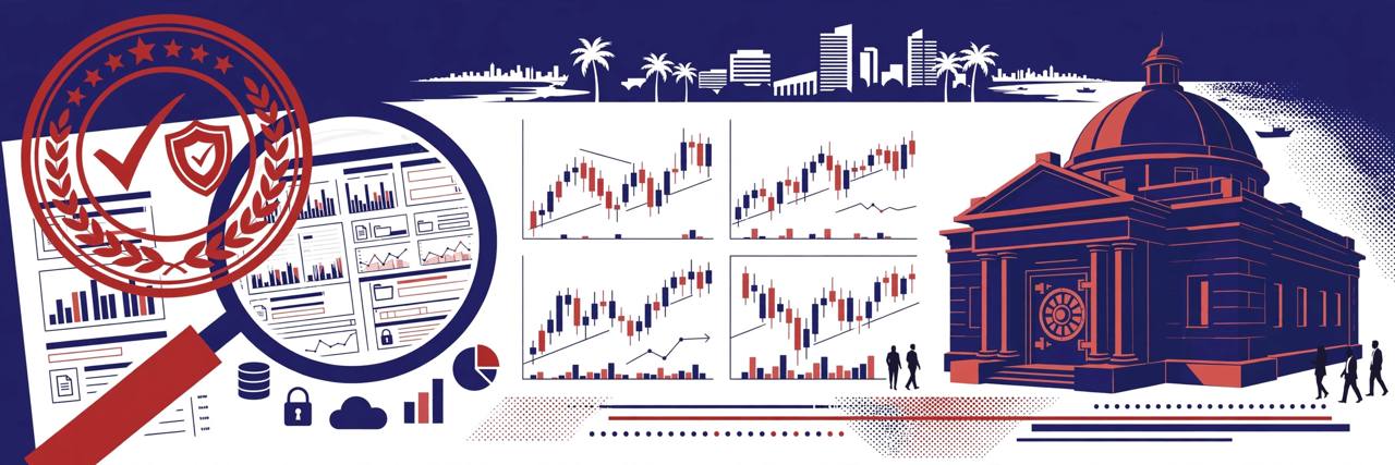 Editorial illustration of a regulator's inspection stamp and magnifying glass over demat account records and market charts beside a depository vault building