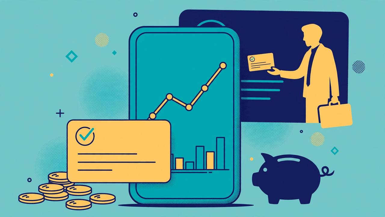 Editorial illustration of a smartphone showing a rising investment chart, a direct fund card in the foreground, a middleman figure in the background, coins and a piggy bank (Editorial illustration)