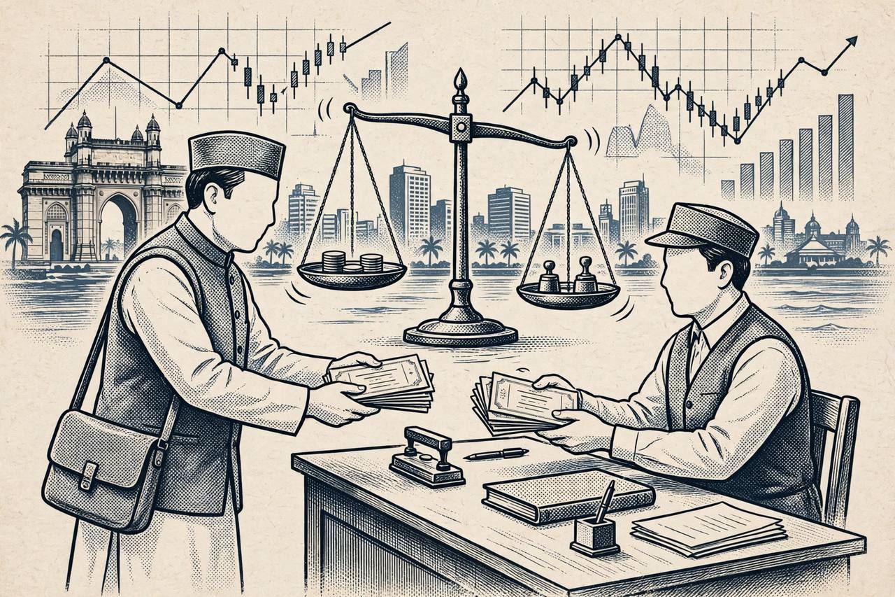 Editorial illustration of an investor handing share certificates early at a clearing desk with a margin balance scale, generic figures