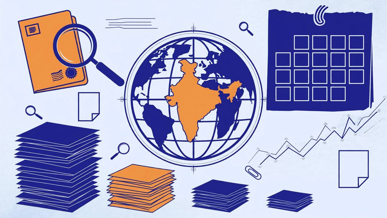 Editorial illustration of a globe centred on India with investor documents, a calendar and rising market charts