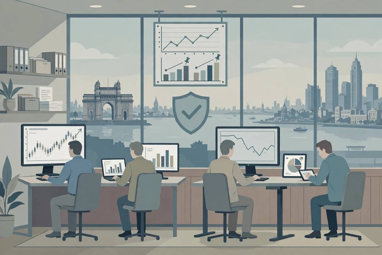 Editorial illustration of generic stockbrokers at trading screens of different sizes with corporate bond charts, in a regulator office setting