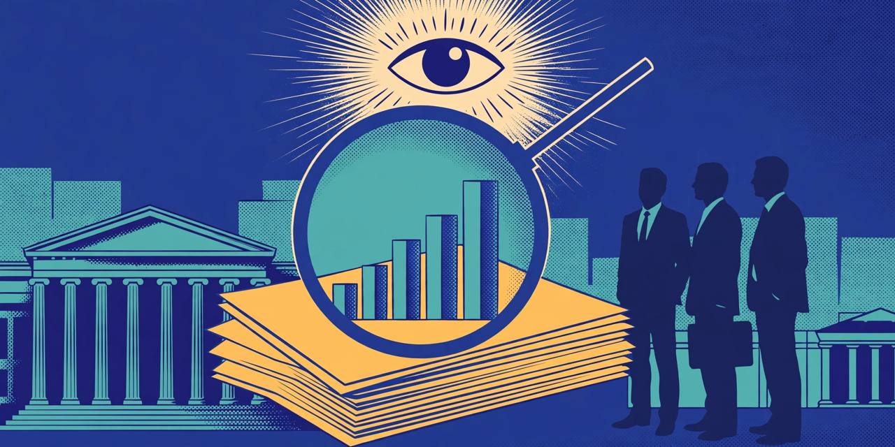 Flat editorial illustration of a magnifying glass and a watchful eye over IPO prospectus documents and bar charts, with generic silhouetted investors and a stock exchange building; no real person depicted