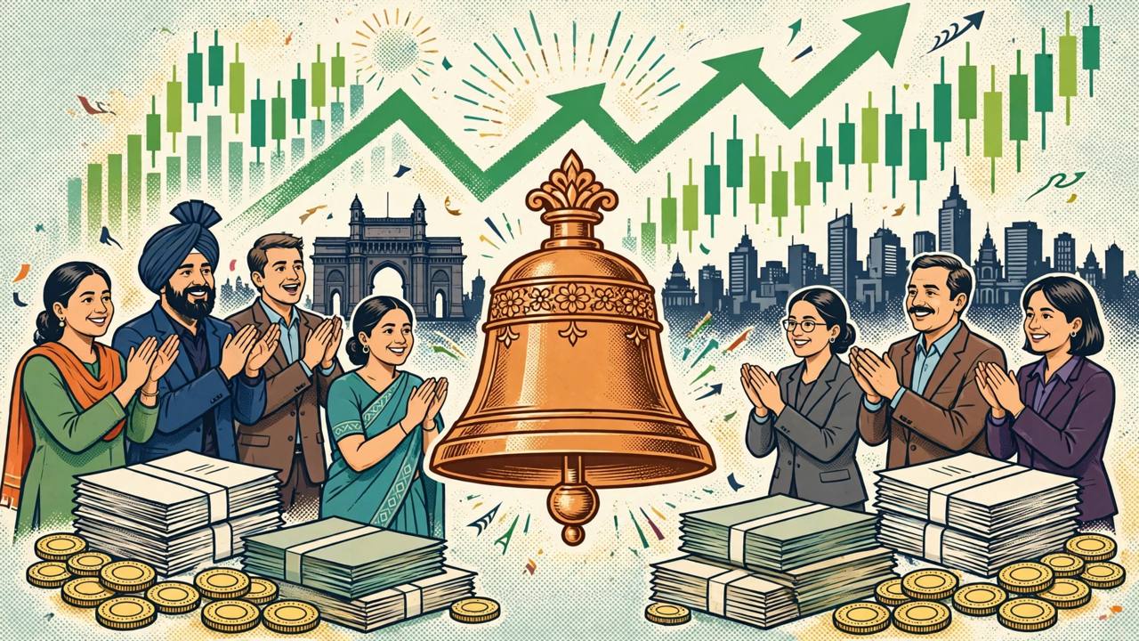 Editorial illustration of investors applauding a large listing bell as stock charts rise over the Mumbai skyline