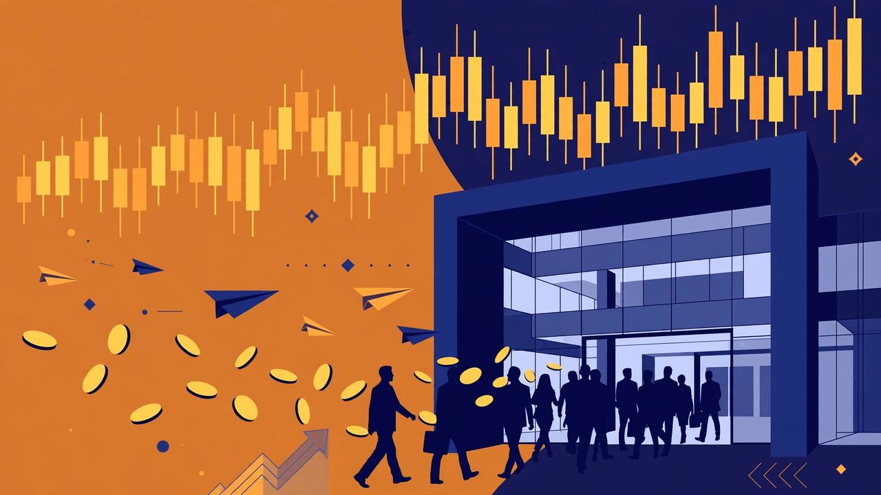 Editorial illustration of generic silhouetted investors walking through a large open gateway into a modern glass stock exchange building, with stylised candlestick charts rising behind it