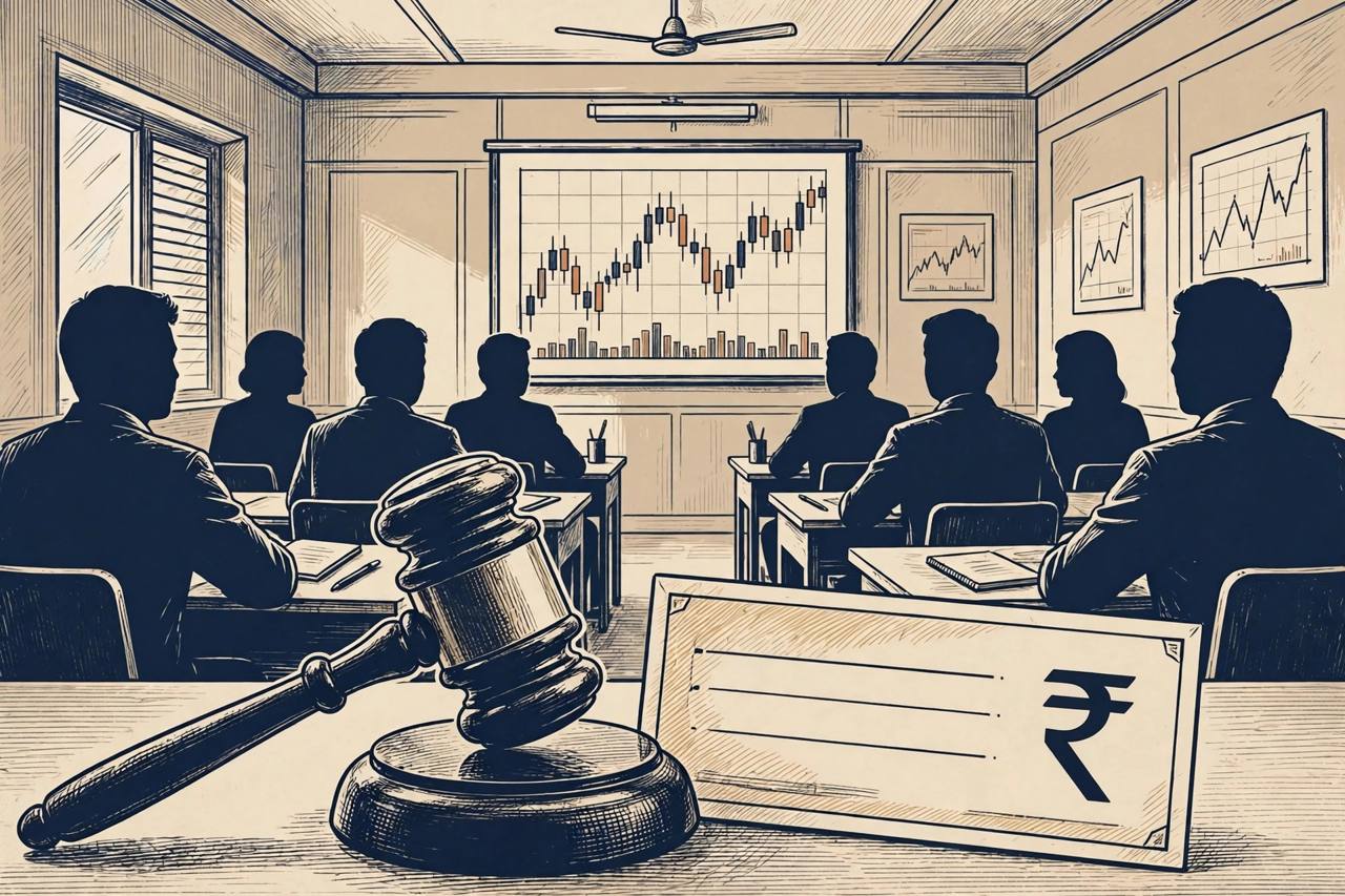 Editorial illustration of a generic stock-market training classroom with a regulator's gavel and a refund cheque; no real person depicted