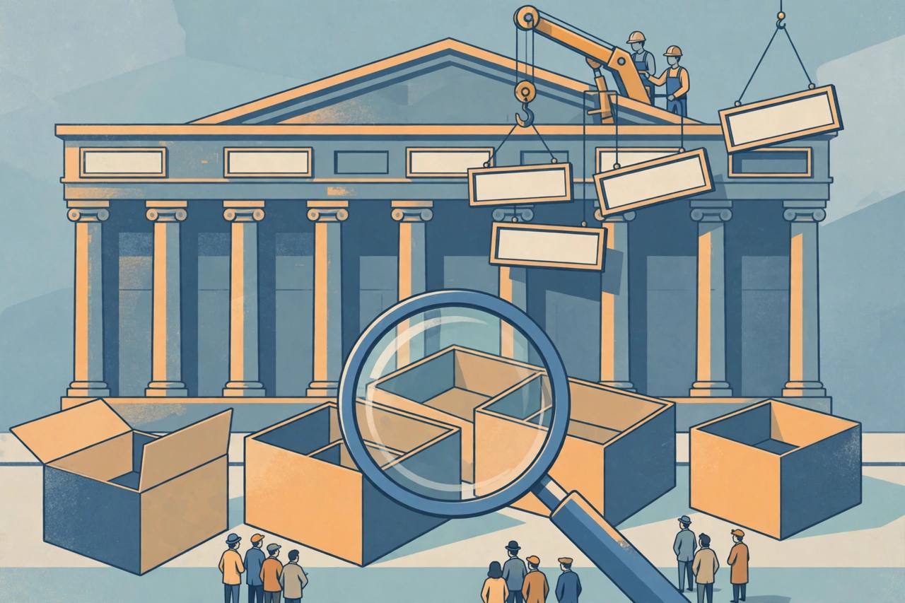Editorial illustration of an exchange building with blank company nameplates being removed by a crane, hollow empty boxes under a magnifying glass in front