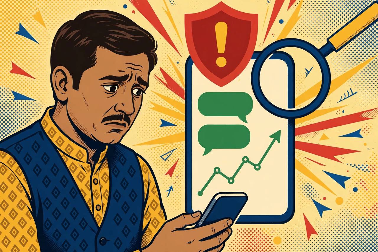 Editorial illustration of a worried investor looking at a smartphone with chat bubbles, a rising stock chart, a warning shield and a magnifying glass