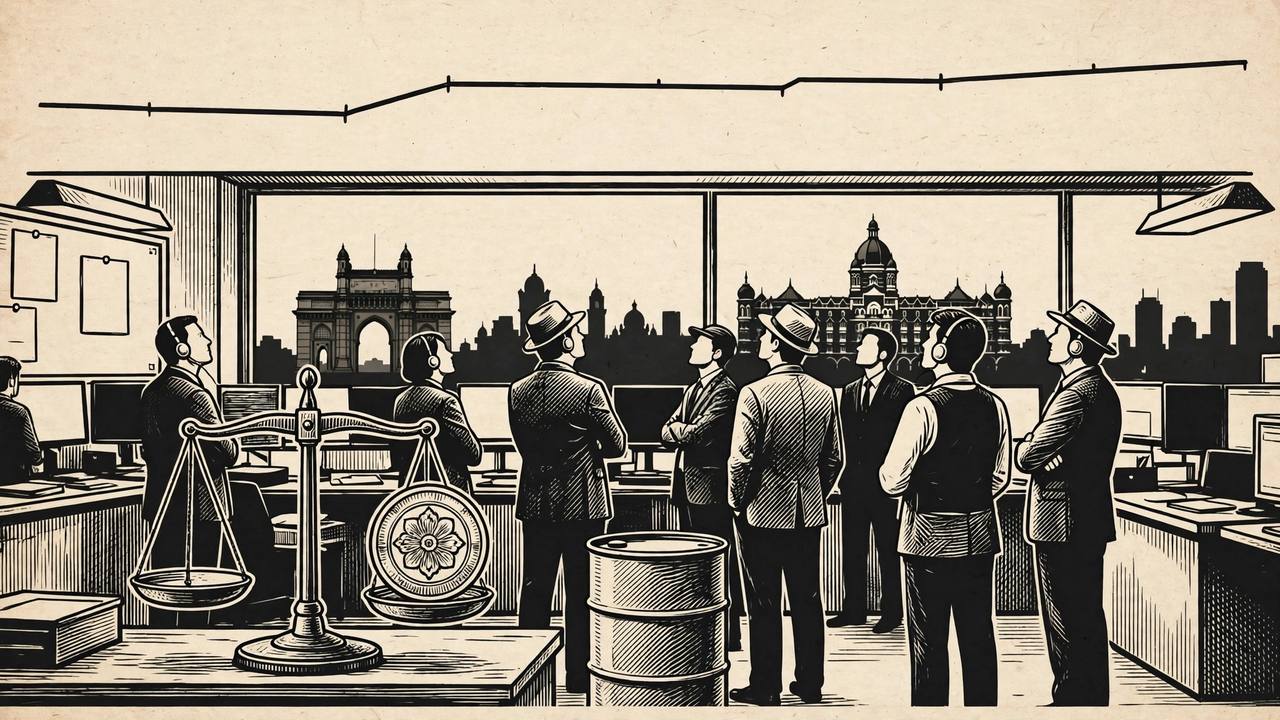 Editorial illustration of an Indian stock exchange with a nearly flat chart line, traders, a rupee coin on a scale and an oil barrel