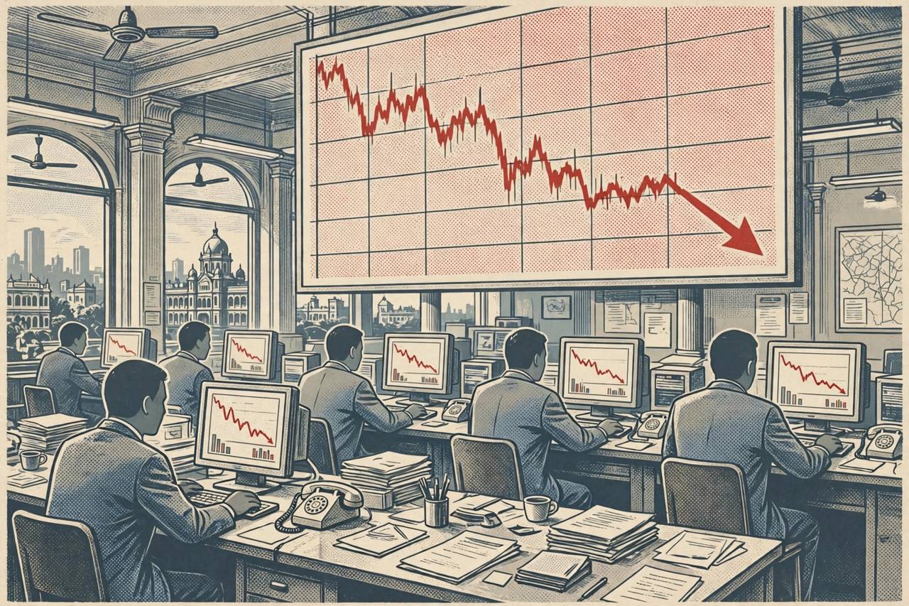 Editorial illustration of a stock exchange trading floor with a large red downward-trending chart board and generic traders at screens