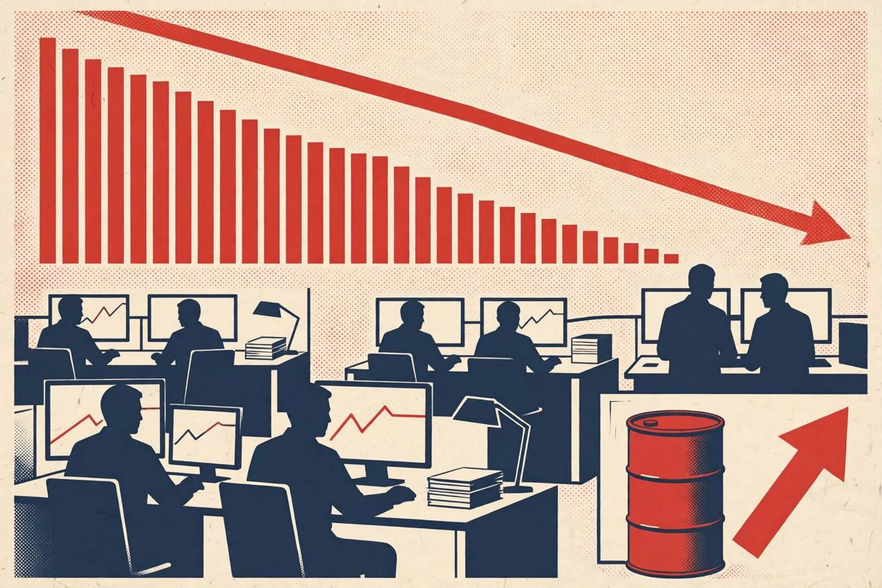 Editorial illustration of traders at screens under a falling red chart, with an oil barrel and a rising arrow — flat style, no text, no real person's face