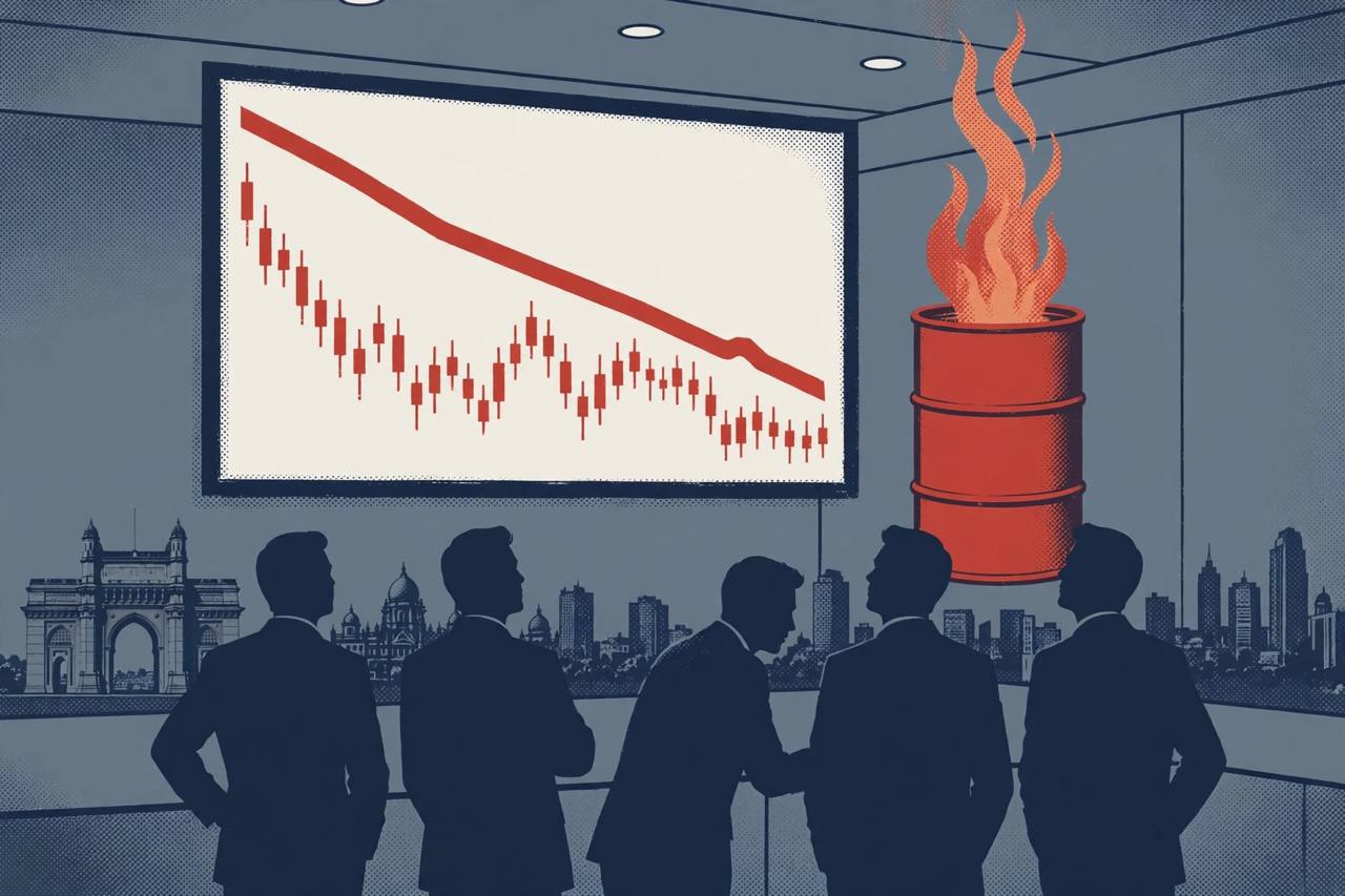 Editorial illustration of a stock exchange screen showing a falling red chart, worried traders and an oil barrel