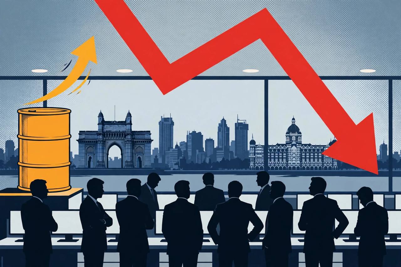 Editorial illustration of an Indian stock exchange trading floor with a falling red market chart, generic traders and an oil barrel, no real person's likeness