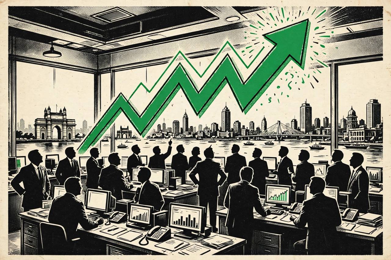 Editorial illustration of a stock exchange trading floor with a large rising green arrow chart above generic traders and a city skyline, no real person's face