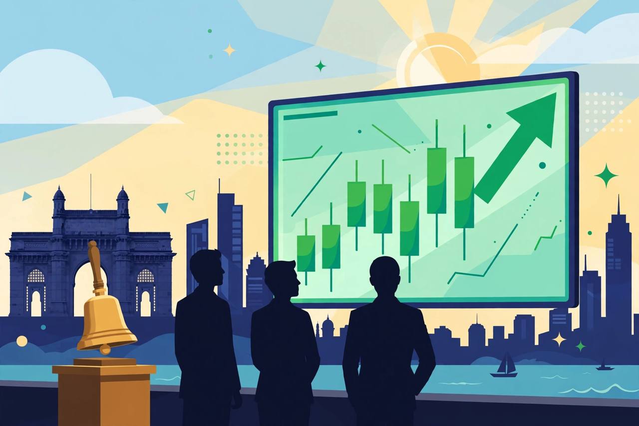 Editorial illustration of a stock market closing bell and a rising green candlestick chart with a large upward arrow, watched by trader silhouettes in front of the Mumbai skyline