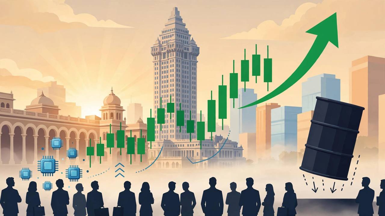Editorial illustration of a rising green stock chart over the Mumbai skyline, lifted by IT chip icons while a crude oil barrel weighs on the side