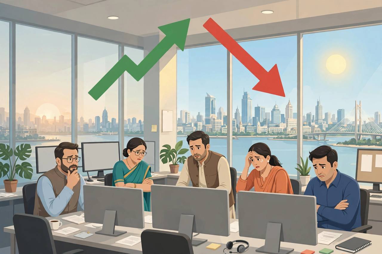 Editorial illustration of generic traders at desks as a green rising arrow turns into a red falling arrow above a city skyline
