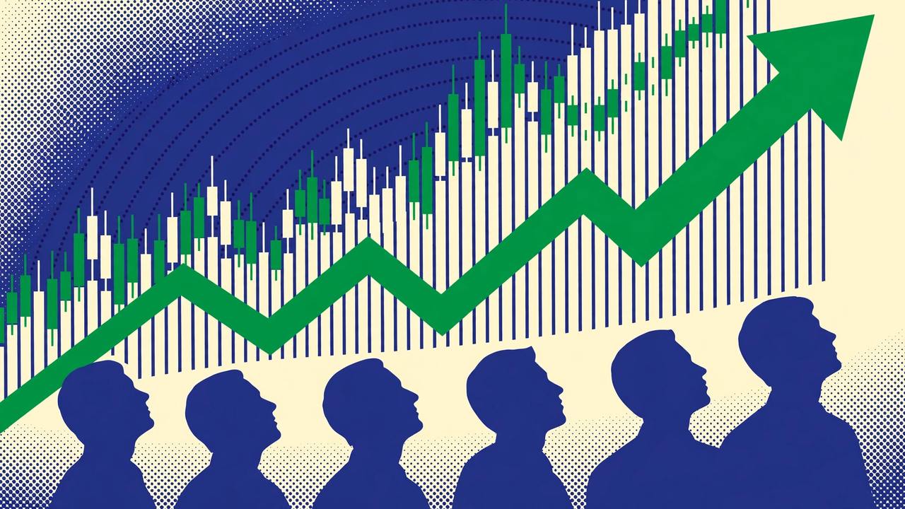 Editorial illustration of a rising stock market chart with green candlesticks and a large upward arrow above trader silhouettes