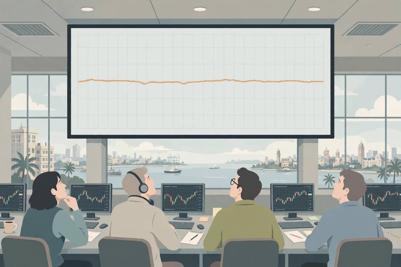 Editorial illustration of generic traders in a Mumbai dealing room looking up at a large, almost flat sideways stock chart line, with candlesticks on their screens (Editorial illustration)