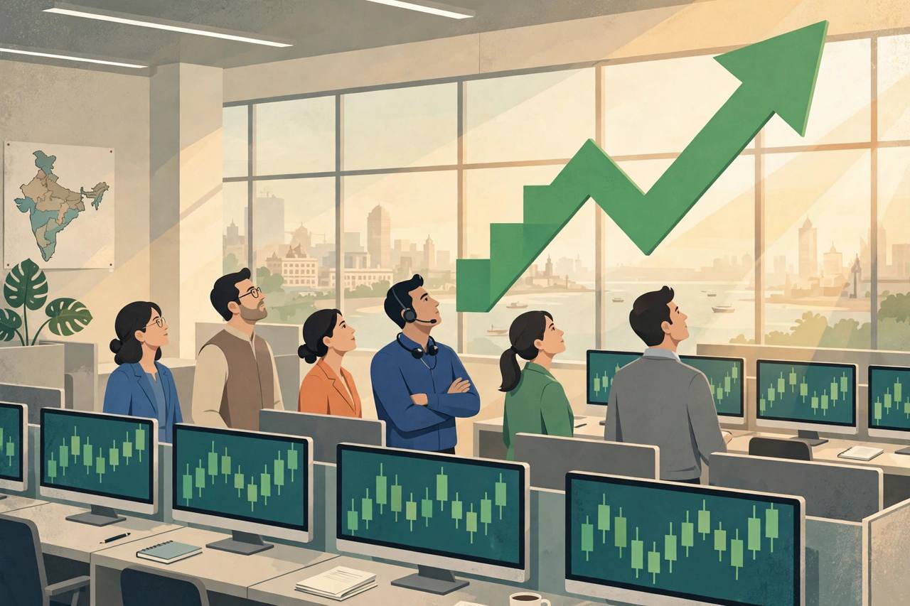 Editorial illustration of generic traders in a Mumbai dealing room looking up at a large green rising chart arrow, with green candlesticks on their screens (Editorial illustration)