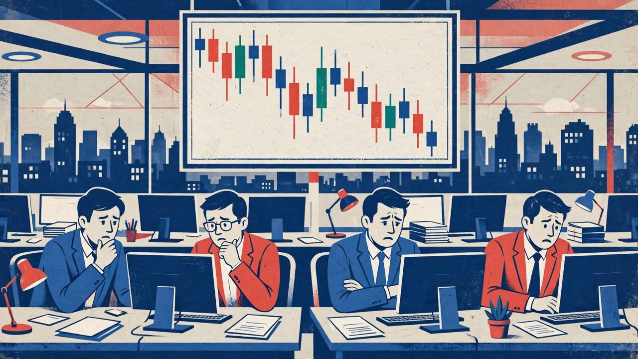Editorial illustration of generic traders at desks under a large screen showing a falling candlestick chart