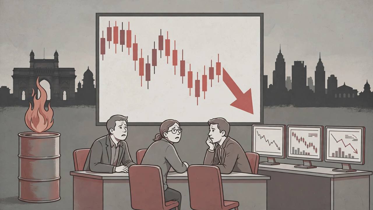 Editorial illustration of worried generic traders at desks in front of a large screen of red falling candlestick charts, with a flaming oil barrel and the Mumbai skyline behind