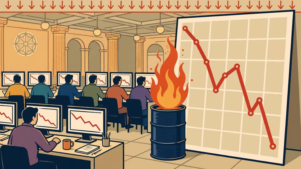 Editorial illustration of generic traders watching falling red charts beside a flaming oil barrel - flat style, no real person's face, no text