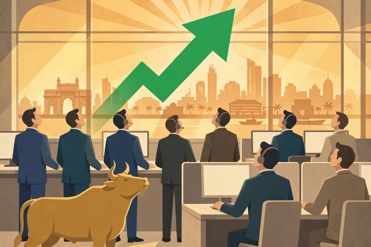Editorial illustration of a stock exchange floor with a rising green arrow and a bull, traders looking up