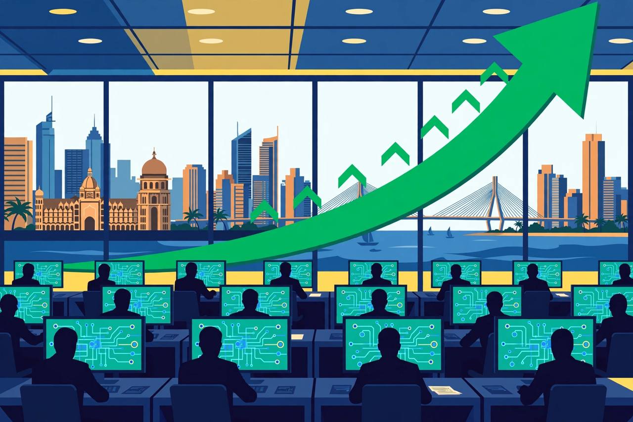 Editorial illustration of a stylised stock exchange trading floor with a large rising green arrow chart and generic traders at screens — no real person's likeness