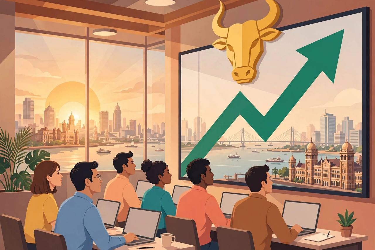 Editorial illustration of traders in Mumbai watching a large green upward market arrow as shares open higher