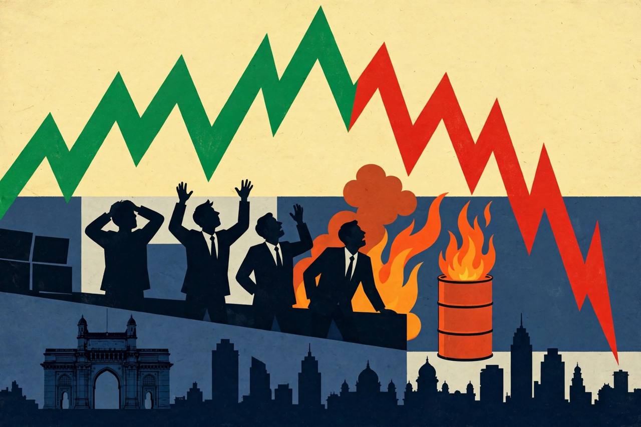 Editorial illustration of traders silhouetted against a stock chart that rises in green then plunges in red, with a burning oil barrel and the Mumbai skyline