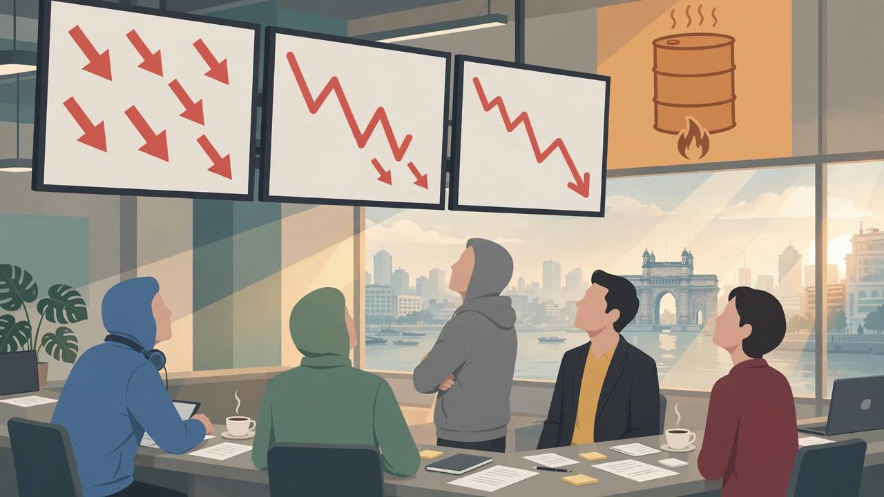 Editorial illustration of generic traders on an Indian stock exchange floor looking at abstract falling red chart lines