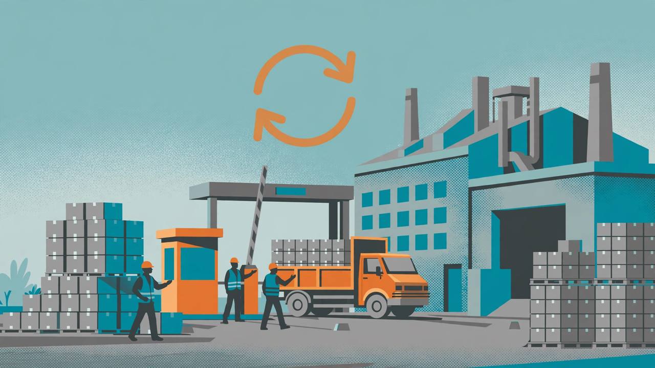 Editorial illustration of a truck carrying goods boxes returning through a factory gate with a circular return arrow above it - no real person's face