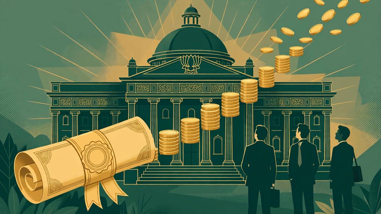 Editorial illustration of a gold bond certificate and rising gold coins in front of a central bank building