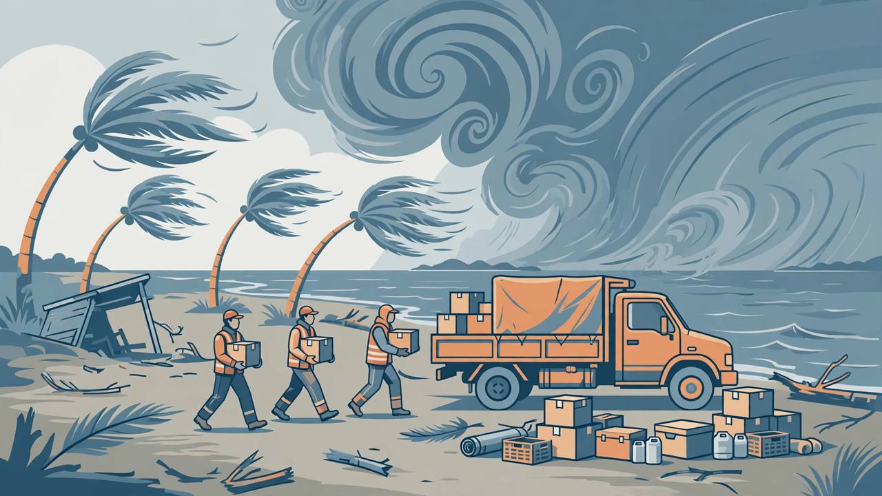 Editorial illustration of disaster relief workers in orange vests carrying supply boxes toward a relief truck on a cyclone-hit coast, with storm clouds receding over the sea (Editorial illustration)