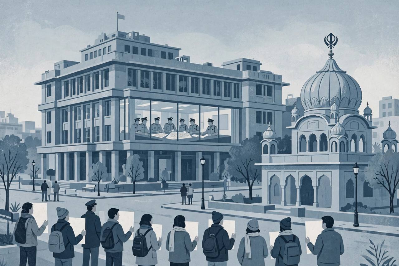 Editorial illustration of a police headquarters briefing in New Delhi with a peaceful protest and a gurudwara silhouette in the foreground; no real person depicted