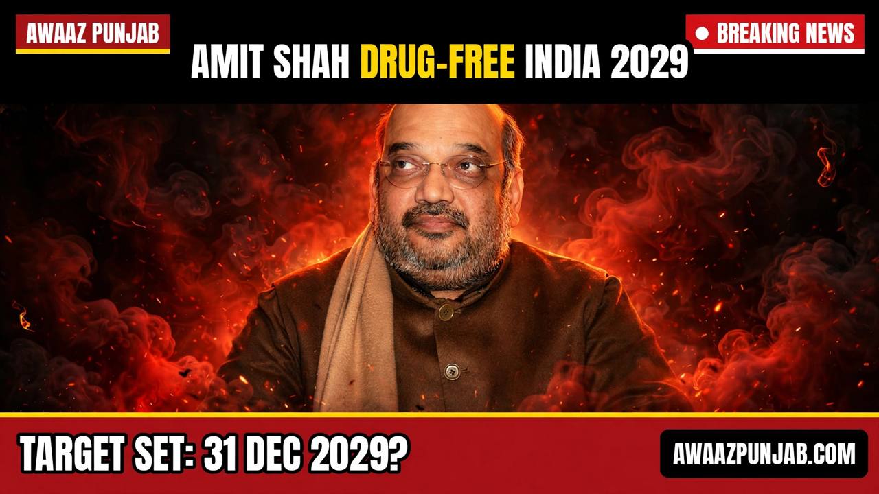 Branded Awaaz Punjab thumbnail of Union Home Minister Amit Shah with the headline Drug-Free India 2029