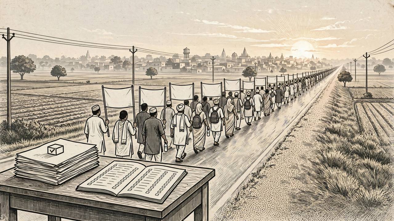 Editorial illustration of a generic foot march along a highway with plain blank banners and a distant town