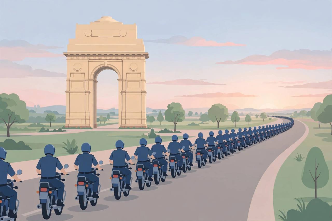 Editorial illustration of generic police motorcycle riders leaving a national memorial in New Delhi at dawn on a nationwide anti-drugs rally