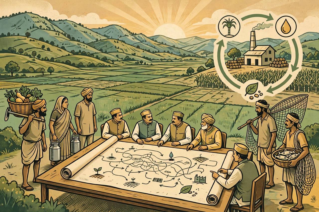 Editorial illustration of cooperative farmers, dairy and fishing families planning a roadmap with officials amid green fields and hills