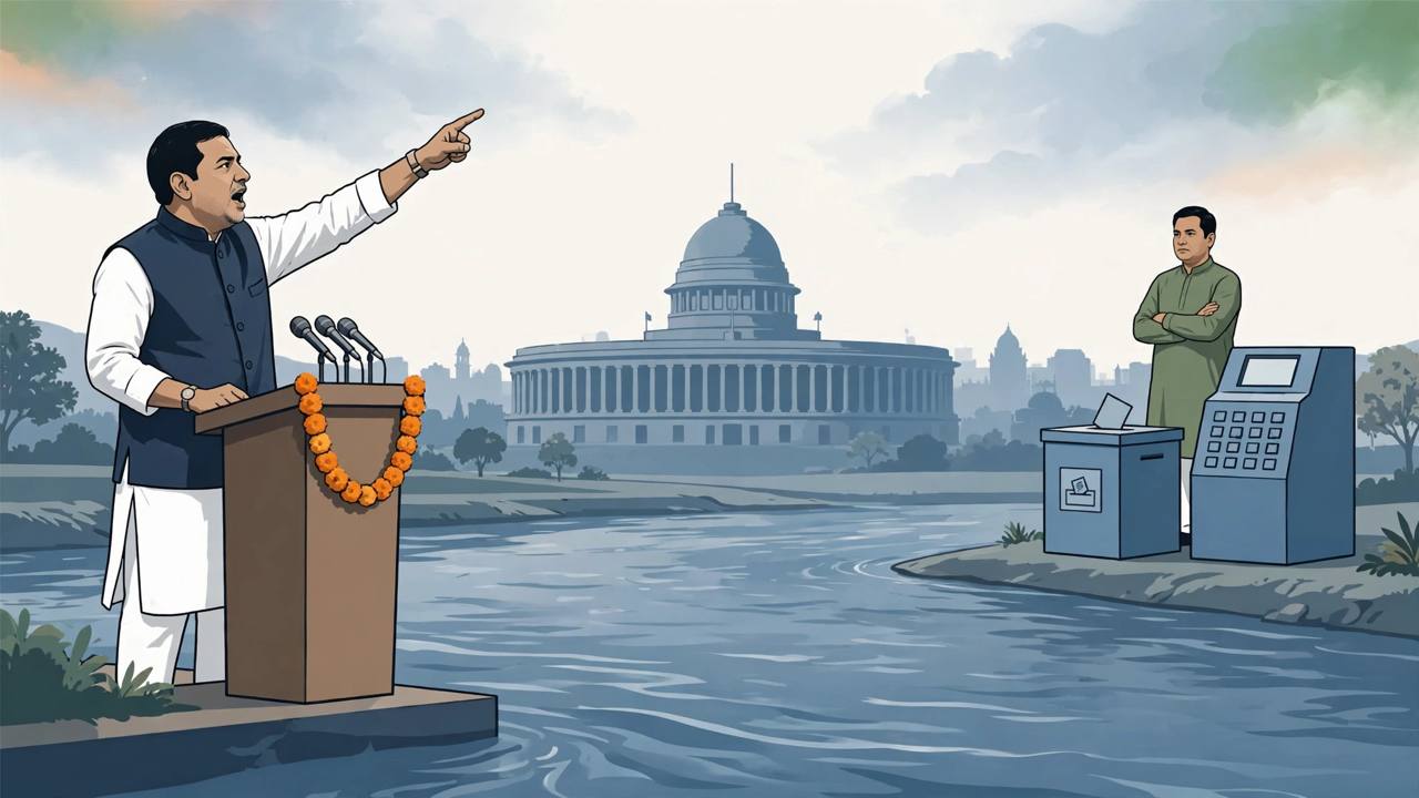 Editorial illustration of a generic political leader speaking at a rally podium in Delhi with the Parliament dome and the Yamuna river in the background, facing a generic opposition figure beside a ballot box