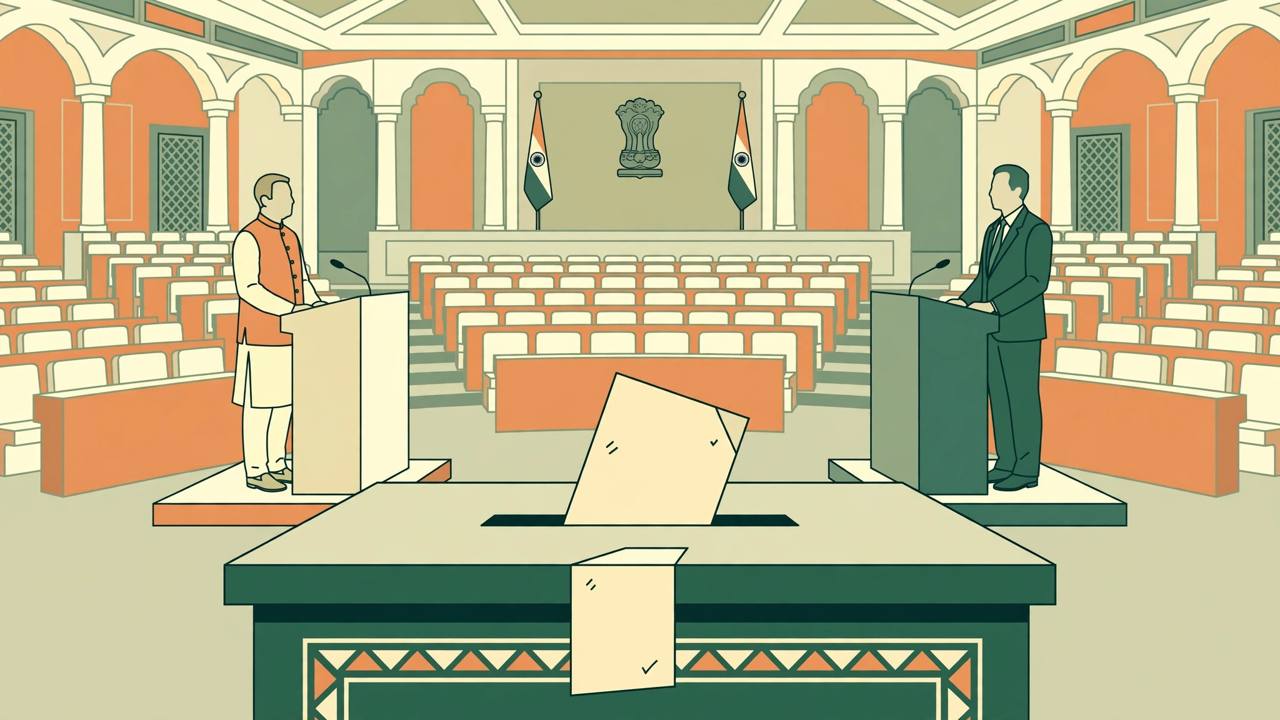 Flat editorial illustration of two generic figures debating at podiums in a parliament chamber, with a ballot box in the foreground