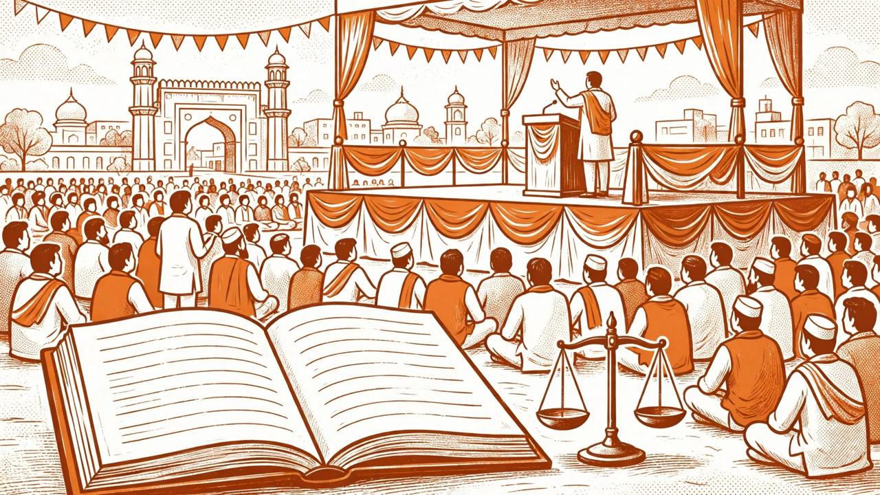 Editorial illustration of a political rally stage in Lucknow with a speaker at a podium, an open law book and scales of justice in front of the crowd