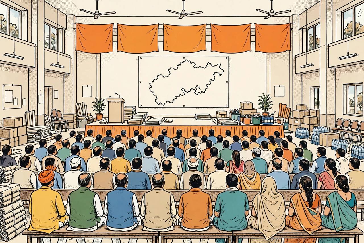 Editorial illustration of a generic political party executive meeting in Uttar Pradesh with rows of party workers facing a stage
